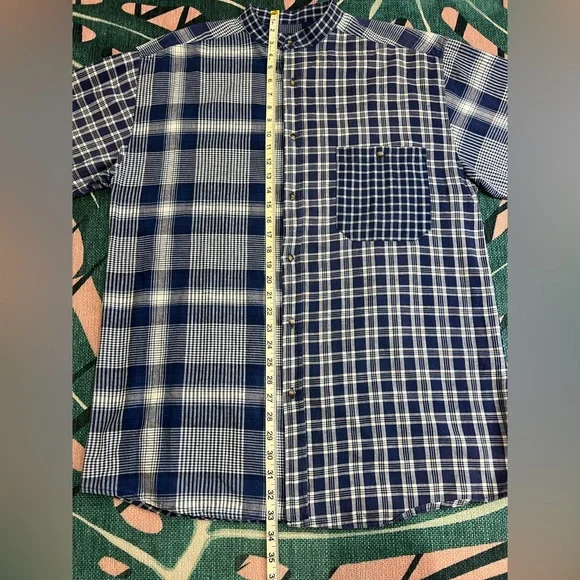 Vintage Santana Collarless Plaid Denim Button Up Shirt - Picture 10 of 11